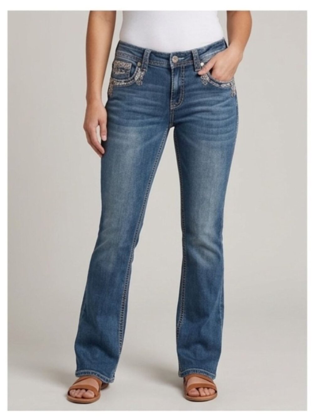 GRACE in LA Super Stretch Embroider Sequin Mid-Rise Bootcut Jeans Women 30
